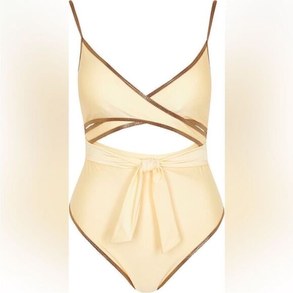 River Island NWT Yellow Foil Trim Wrap Front Tie Waist
One-Piece Swimsuit Sz 4 - Picture 6 of 8